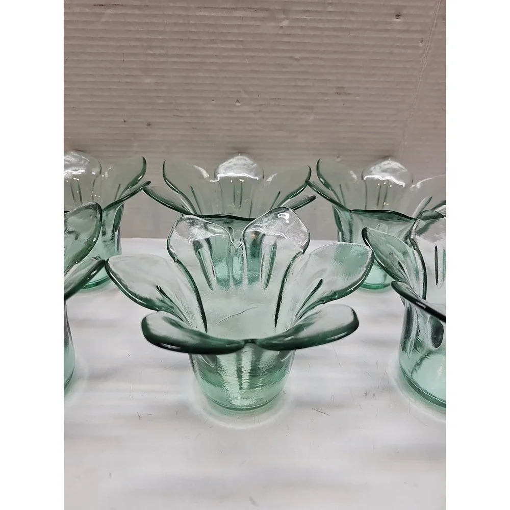 VTG Green Blown Glass Tulip Petal Shaped Vase Votive Heavy (6)